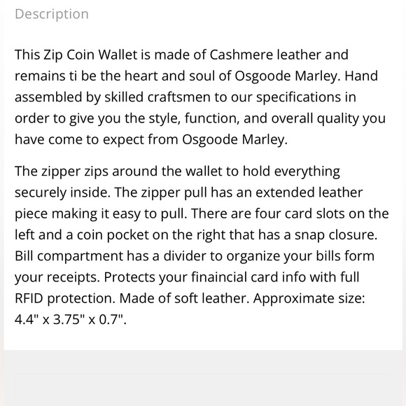 Osgoode Marley Zippered Bifold Wallet. Black Cashmere Leather. EUC. - Picture 3 of 16